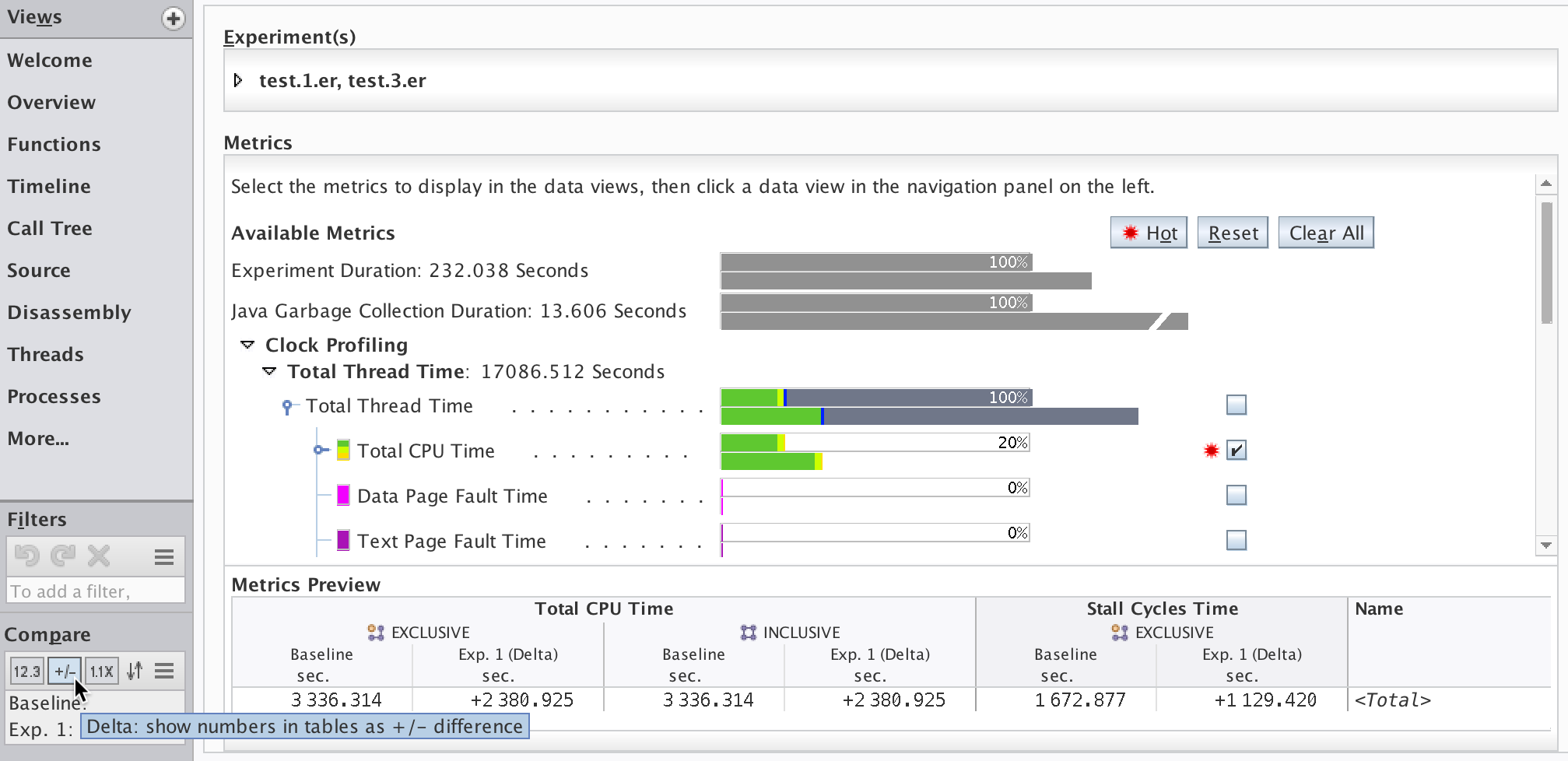 image:Comparison panel in Performance Analyzer